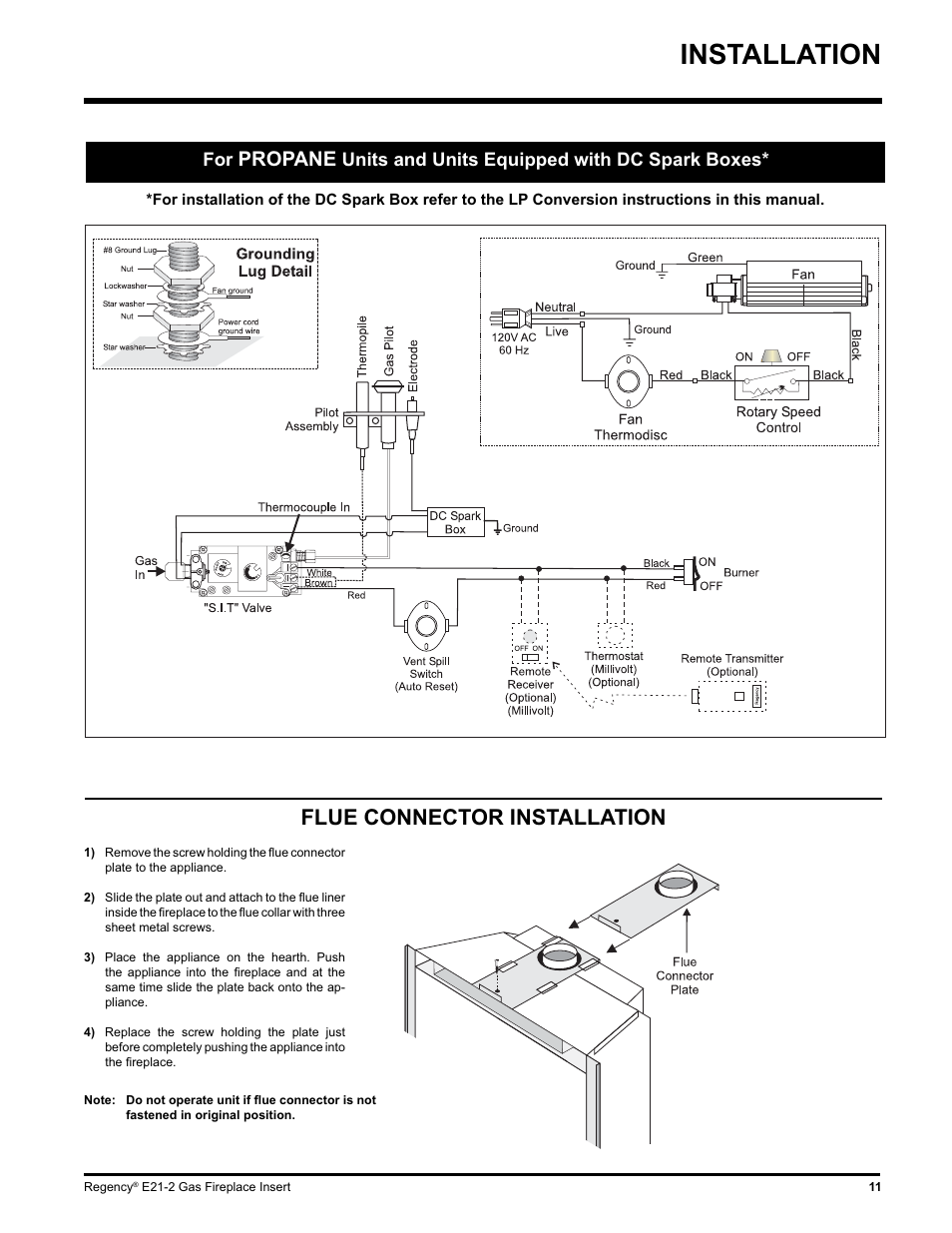 Installation, Flue connector installation, Propane | Units and units equipped with dc spark boxes | Regency E21-NG2 User Manual | Page 11 / 32