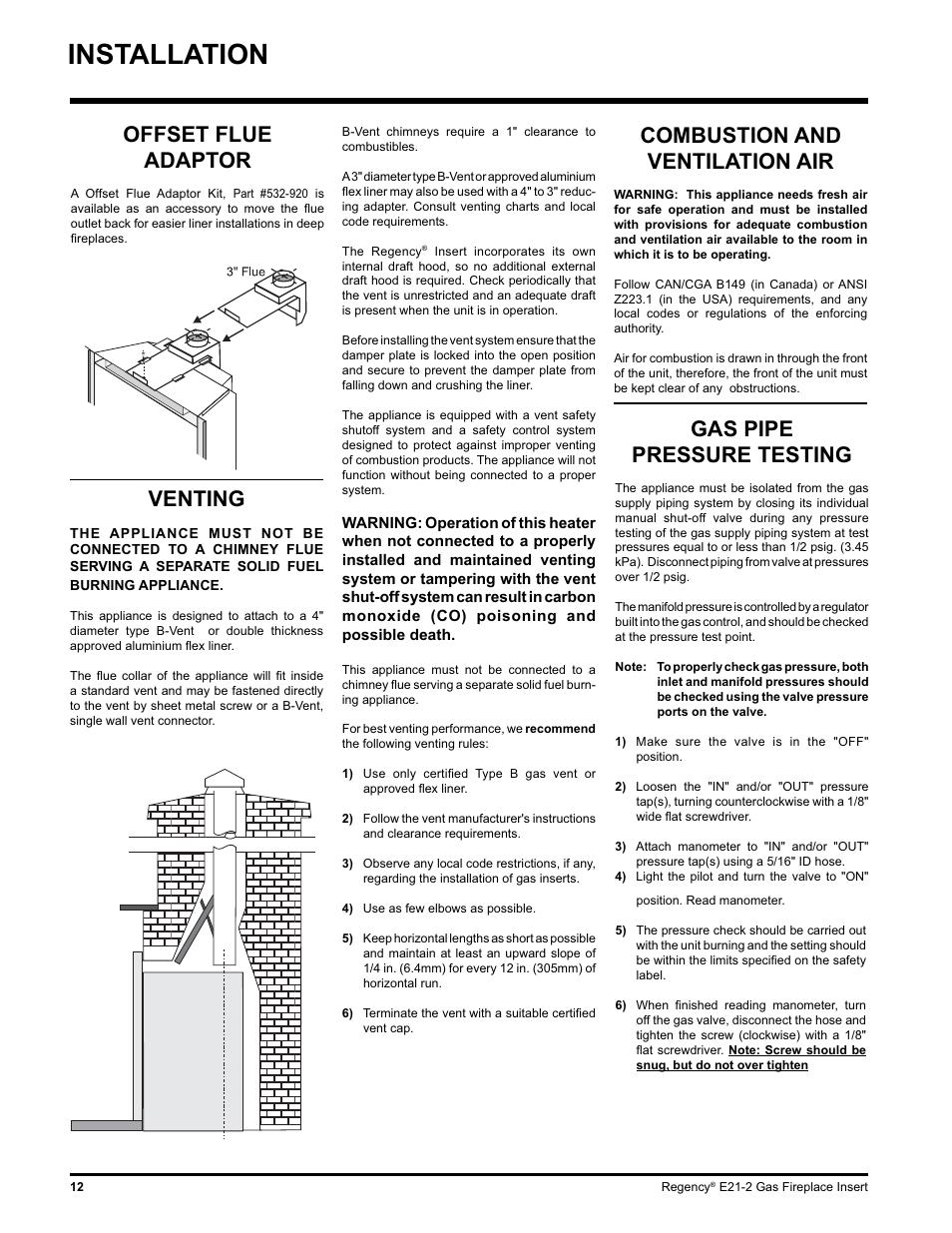 Installation, Gas pipe pressure testing, Offset flue adaptor | Venting, Combustion and ventilation air | Regency E21-NG2 User Manual | Page 12 / 32