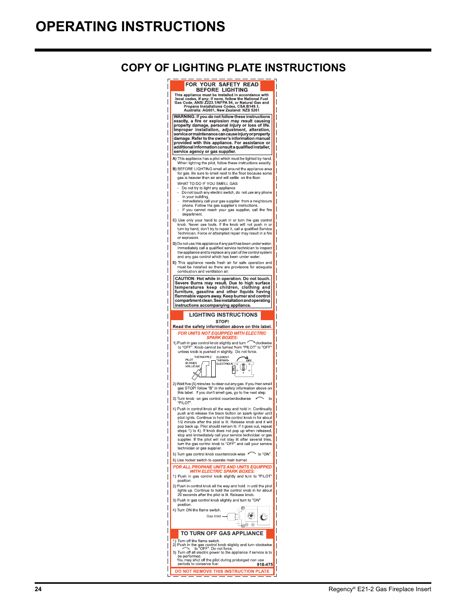 Operating instructions, Copy of lighting plate instructions | Regency E21-NG2 User Manual | Page 24 / 32