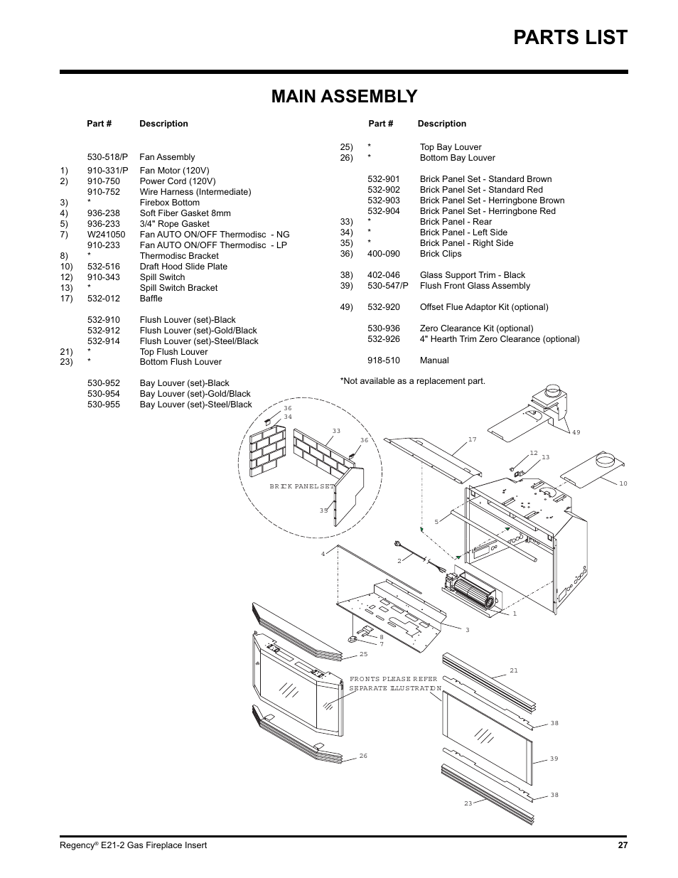 Parts list, Main assembly | Regency E21-NG2 User Manual | Page 27 / 32