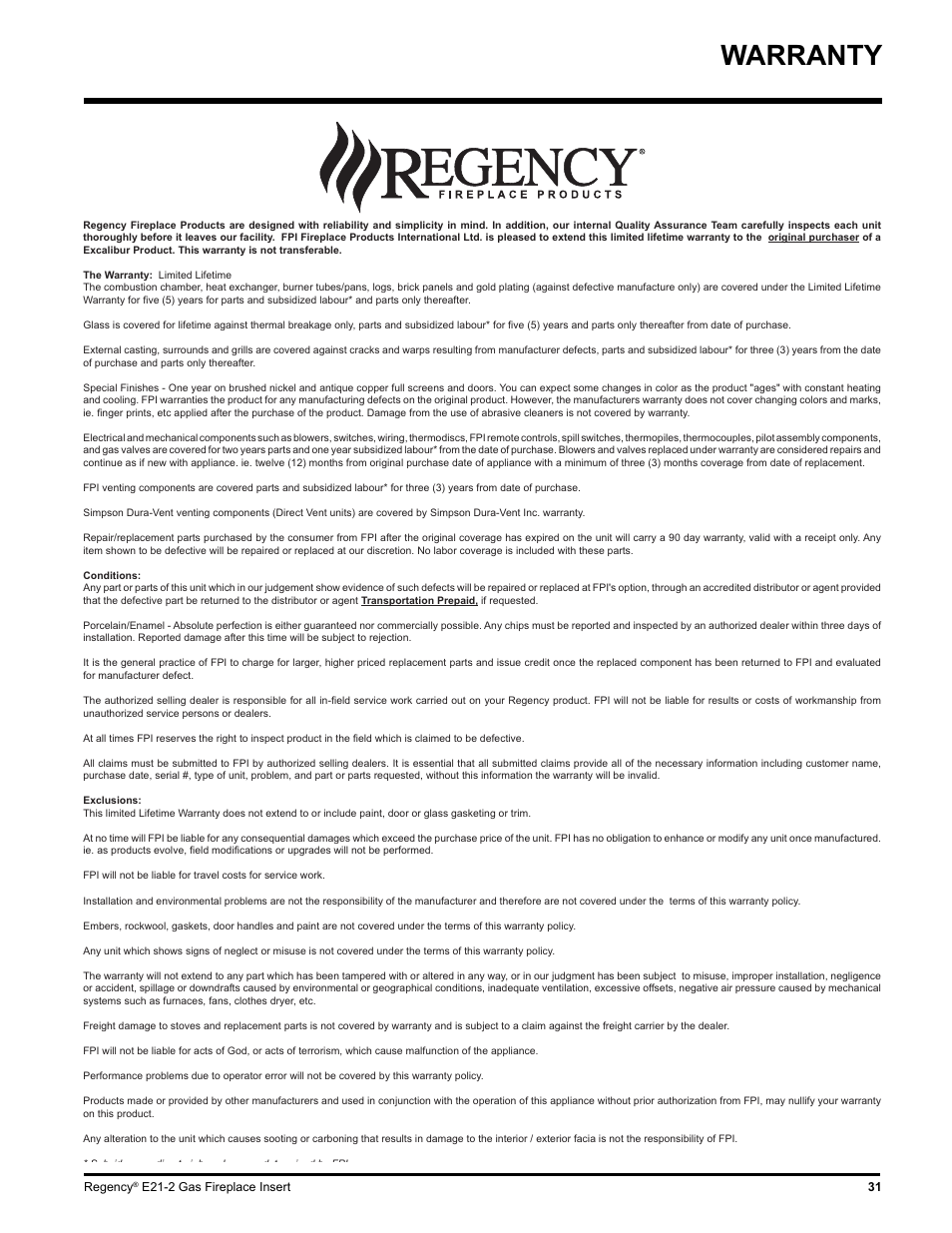 Warranty | Regency E21-NG2 User Manual | Page 31 / 32