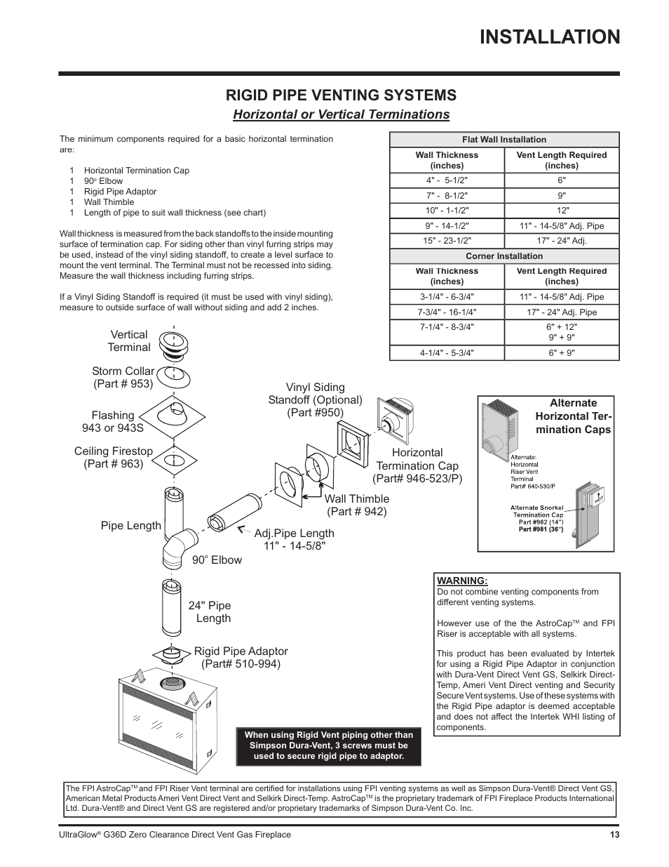 Installation, Rigid pipe venting systems, Horizontal or vertical terminations | Regency G36D User Manual | Page 13 / 44