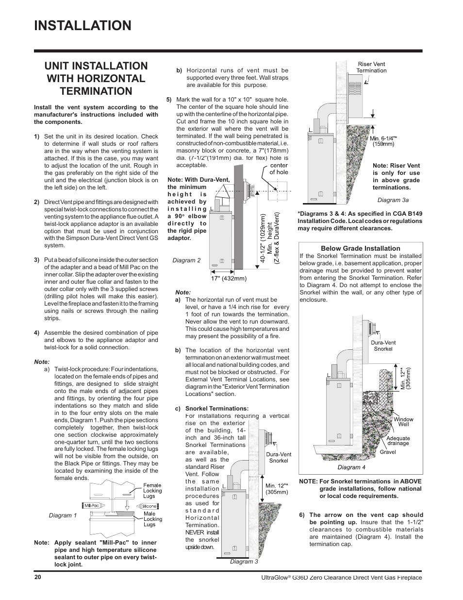 Installation, Unit installation with horizontal termination | Regency G36D User Manual | Page 20 / 44