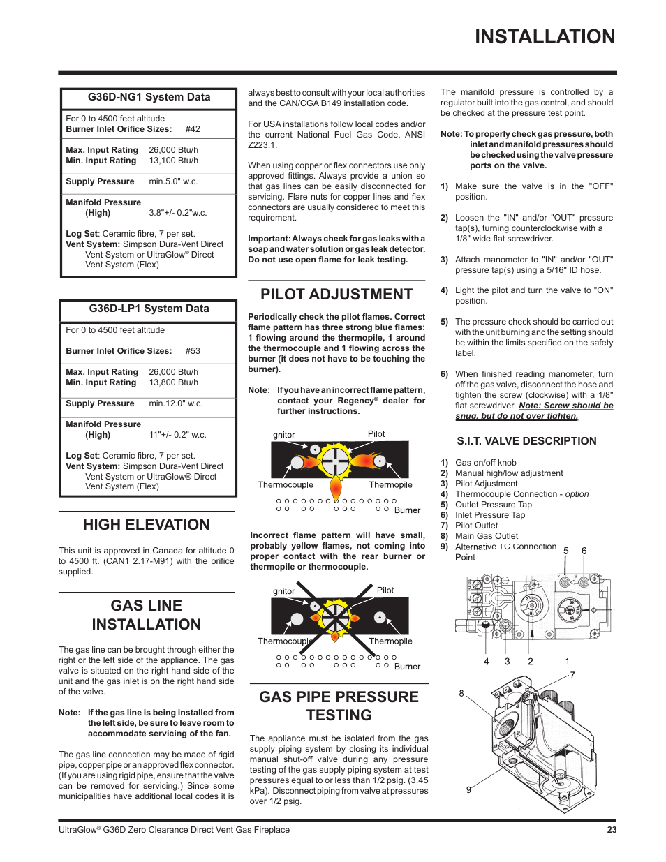 Installation, Gas pipe pressure testing, High elevation | Gas line installation, Pilot adjustment | Regency G36D User Manual | Page 23 / 44