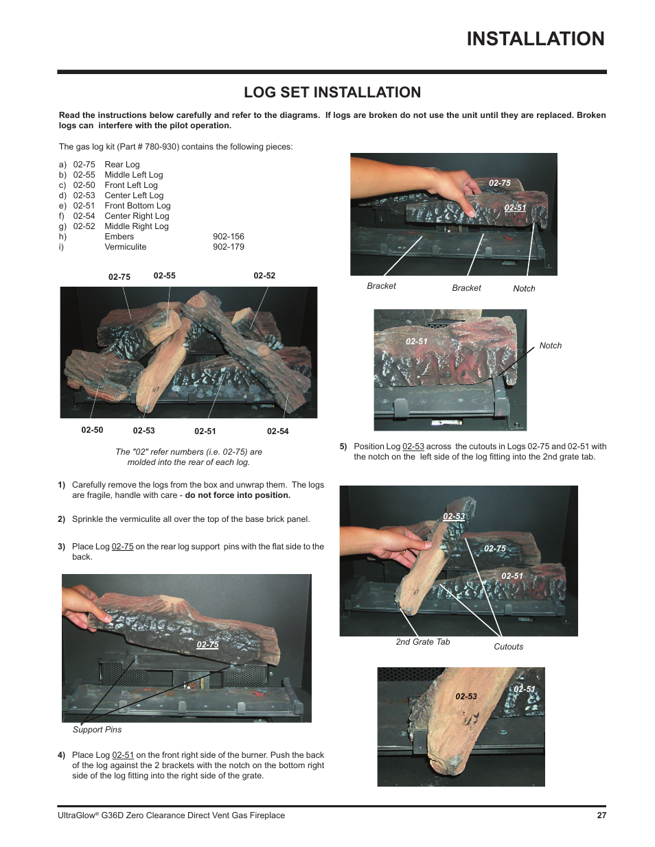 Installation, Log set installation | Regency G36D User Manual | Page 27 / 44