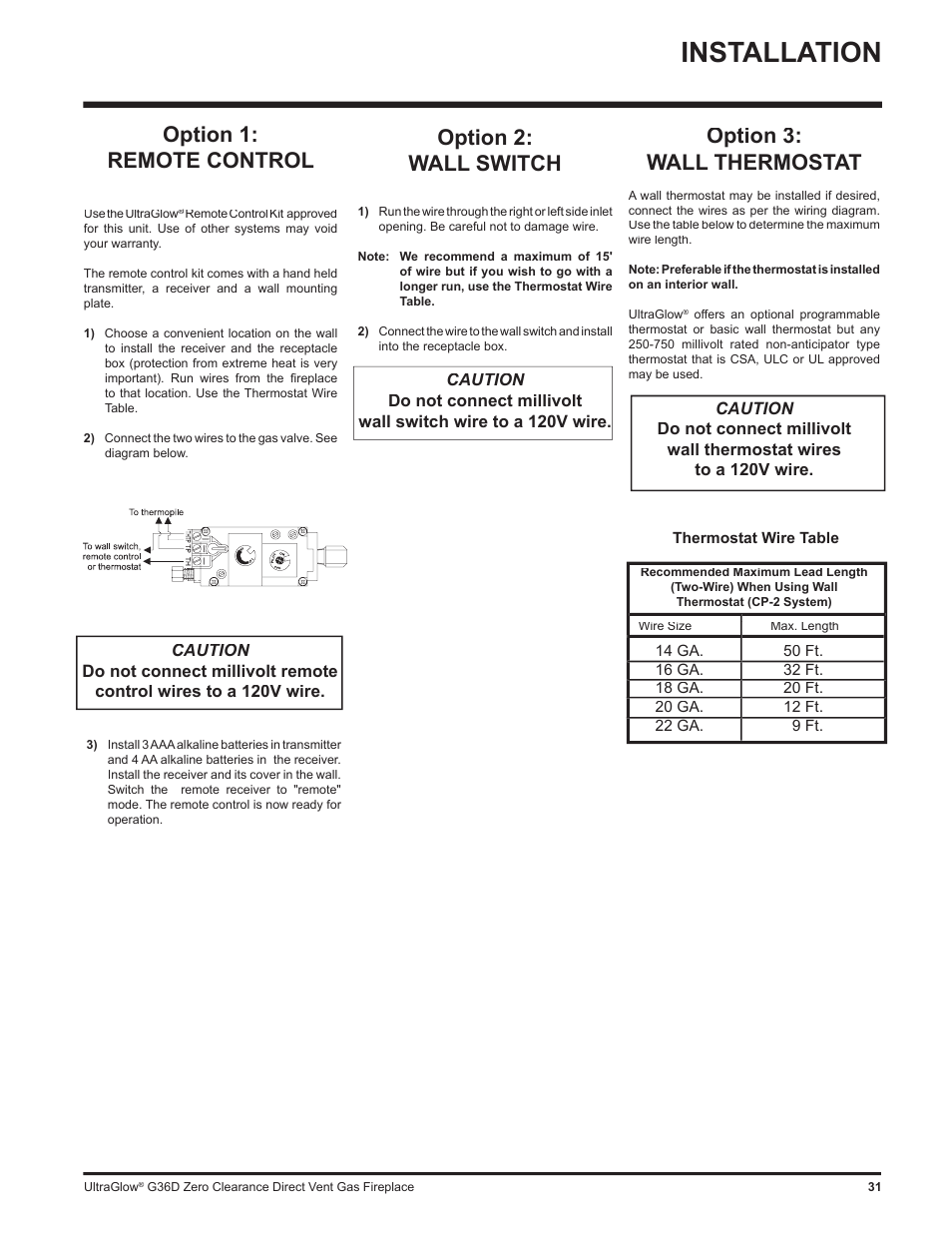 Installation, Option 3: wall thermostat, Option 1: remote control | Option 2: wall switch | Regency G36D User Manual | Page 31 / 44