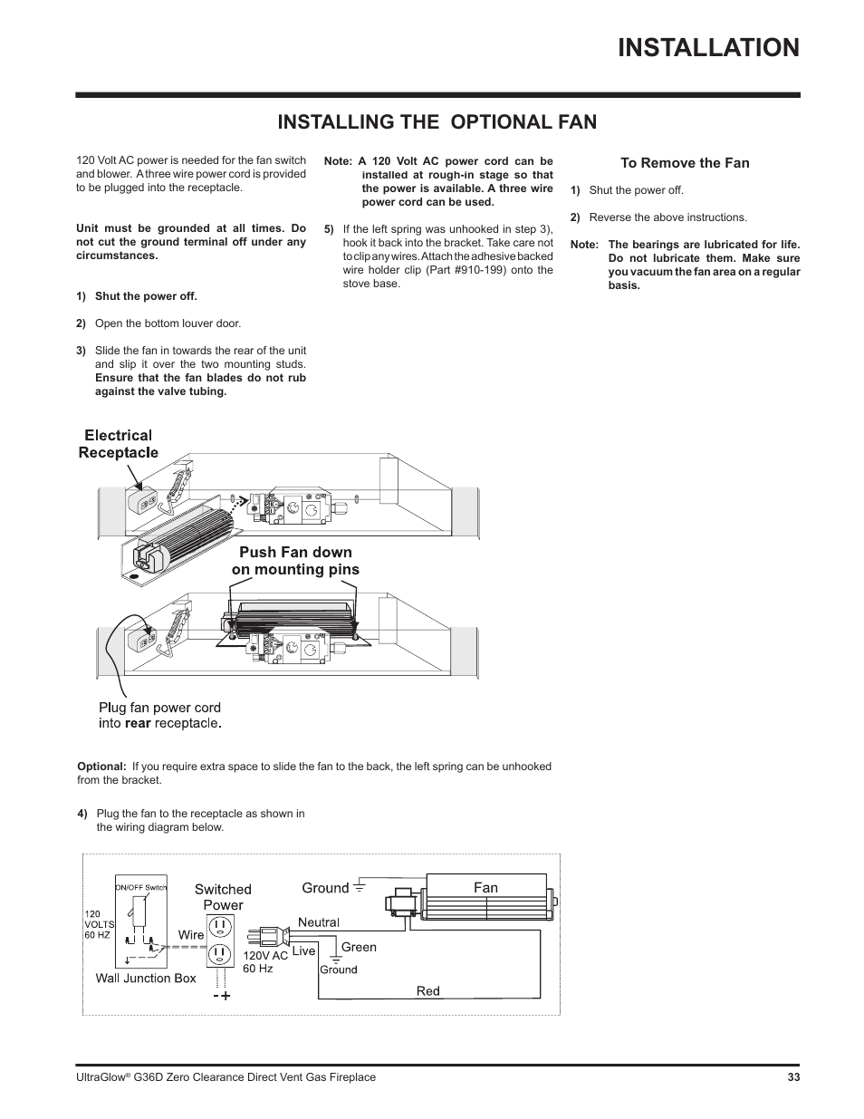 Installation, Installing the optional fan | Regency G36D User Manual | Page 33 / 44