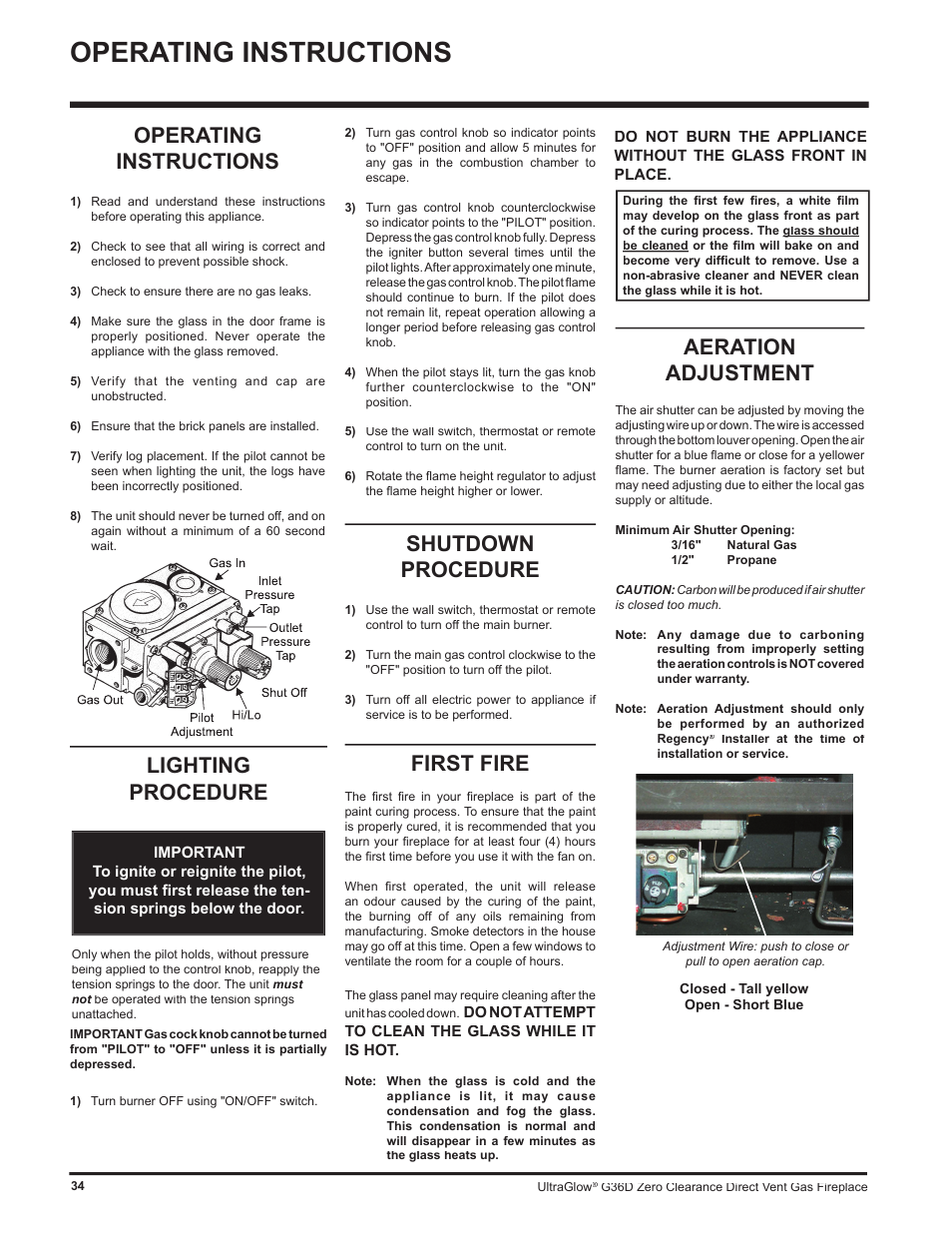 Operating instructions, Lighting procedure, Shutdown procedure | First fire, Aeration adjustment | Regency G36D User Manual | Page 34 / 44