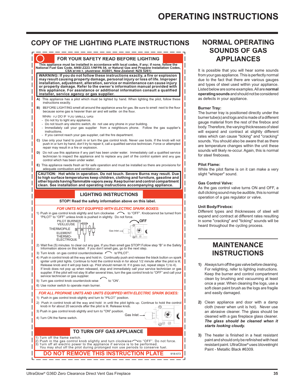Operating instructions, Maintenance instructions, Copy of the lighting plate instructions | Normal operating sounds of gas appliances, Do not remove this instruction plate | Regency G36D User Manual | Page 35 / 44