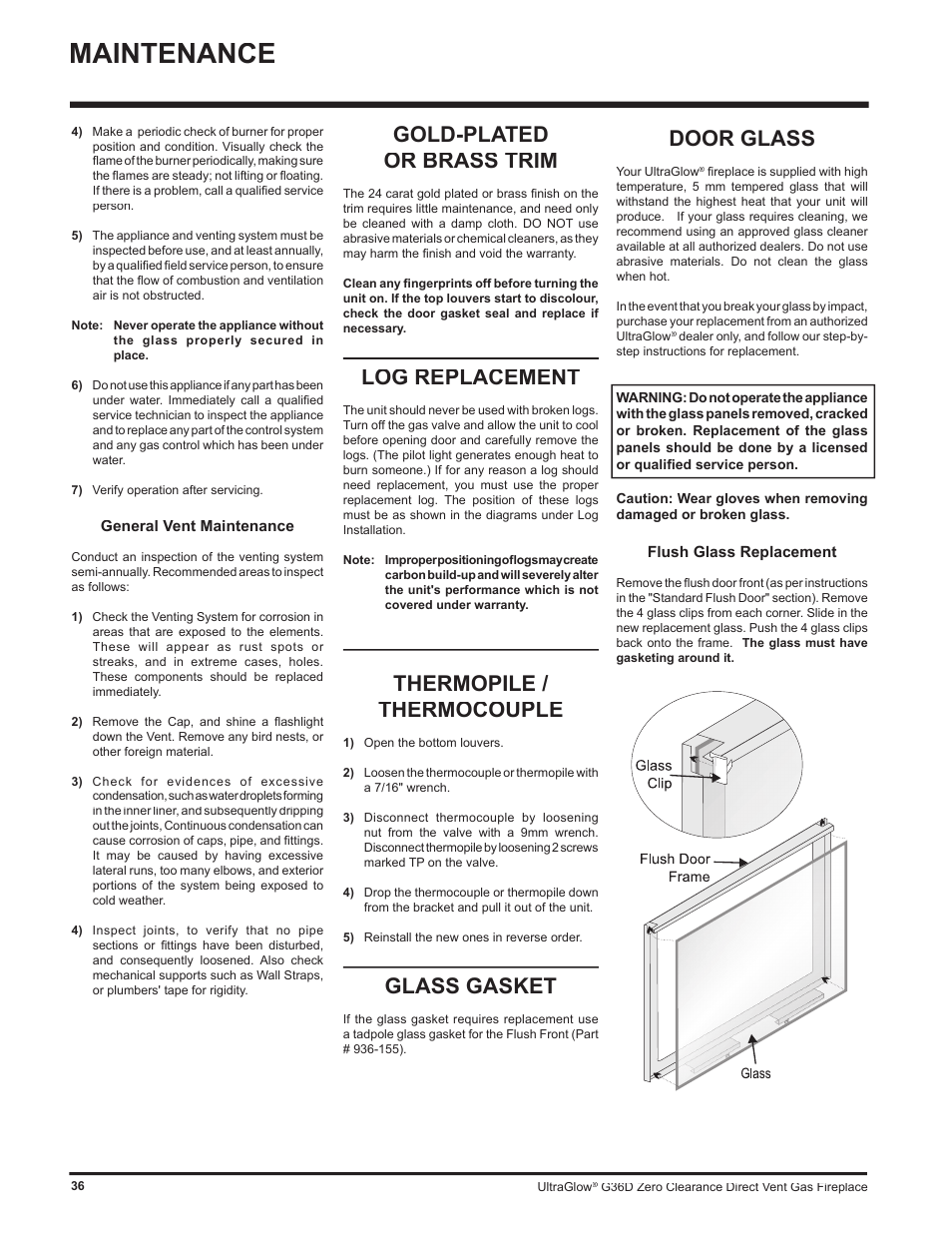 Maintenance, Gold-plated or brass trim, Log replacement | Thermopile / thermocouple, Glass gasket, Door glass | Regency G36D User Manual | Page 36 / 44