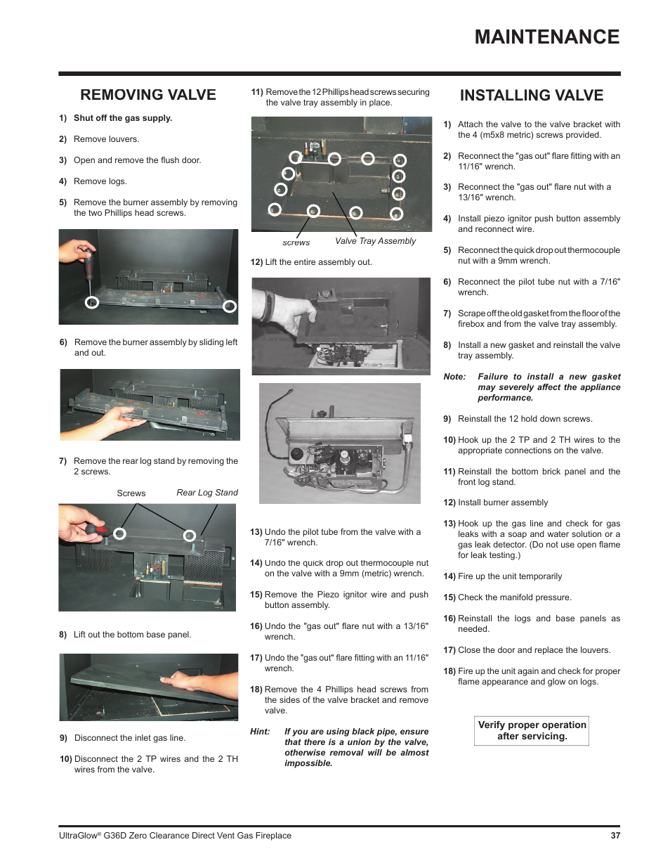 Maintenance, Installing valve, Removing valve | Regency G36D User Manual | Page 37 / 44