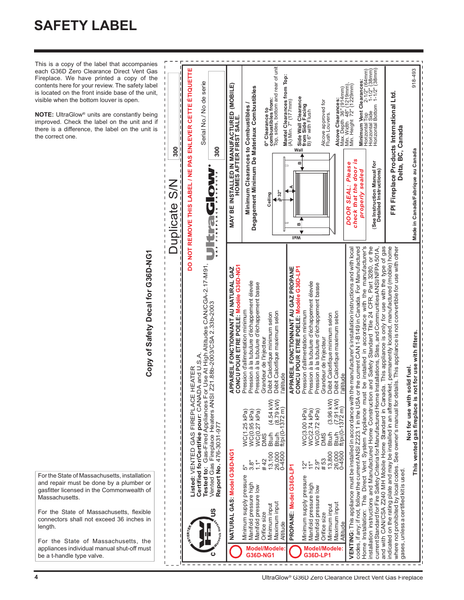 Safety label, Duplicate s/n, Copy of safety decal for g36d-ng1 | Regency G36D User Manual | Page 4 / 44