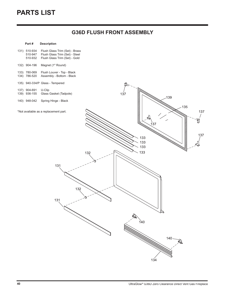 G36d flush front assembly | Regency G36D User Manual | Page 40 / 44