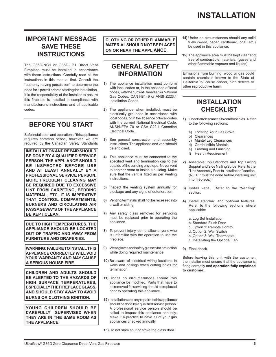 Installation, Installation checklist, Important message save these instructions | Before you start, General safety information | Regency G36D User Manual | Page 5 / 44