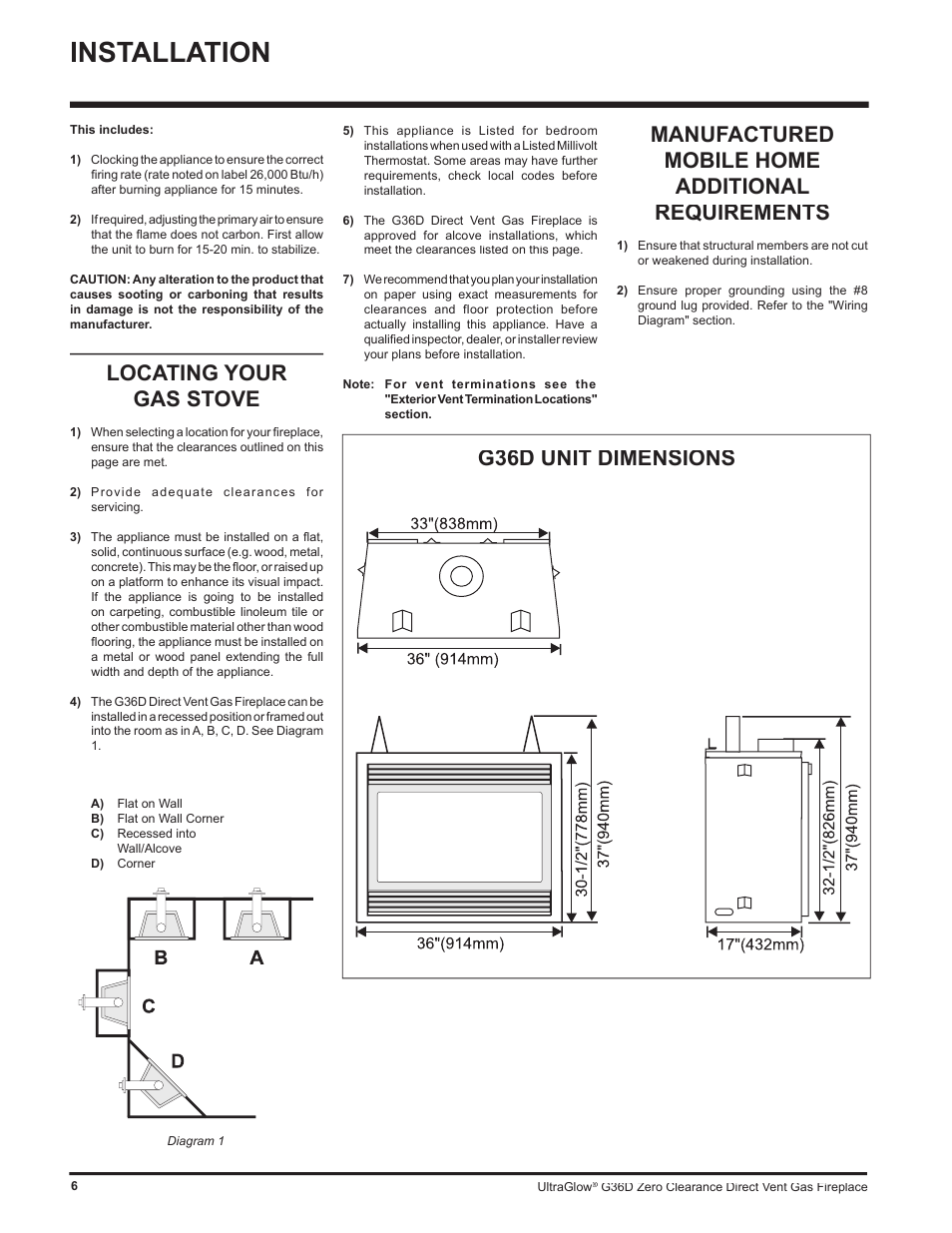 Installation, Locating your gas stove | Regency G36D User Manual | Page 6 / 44