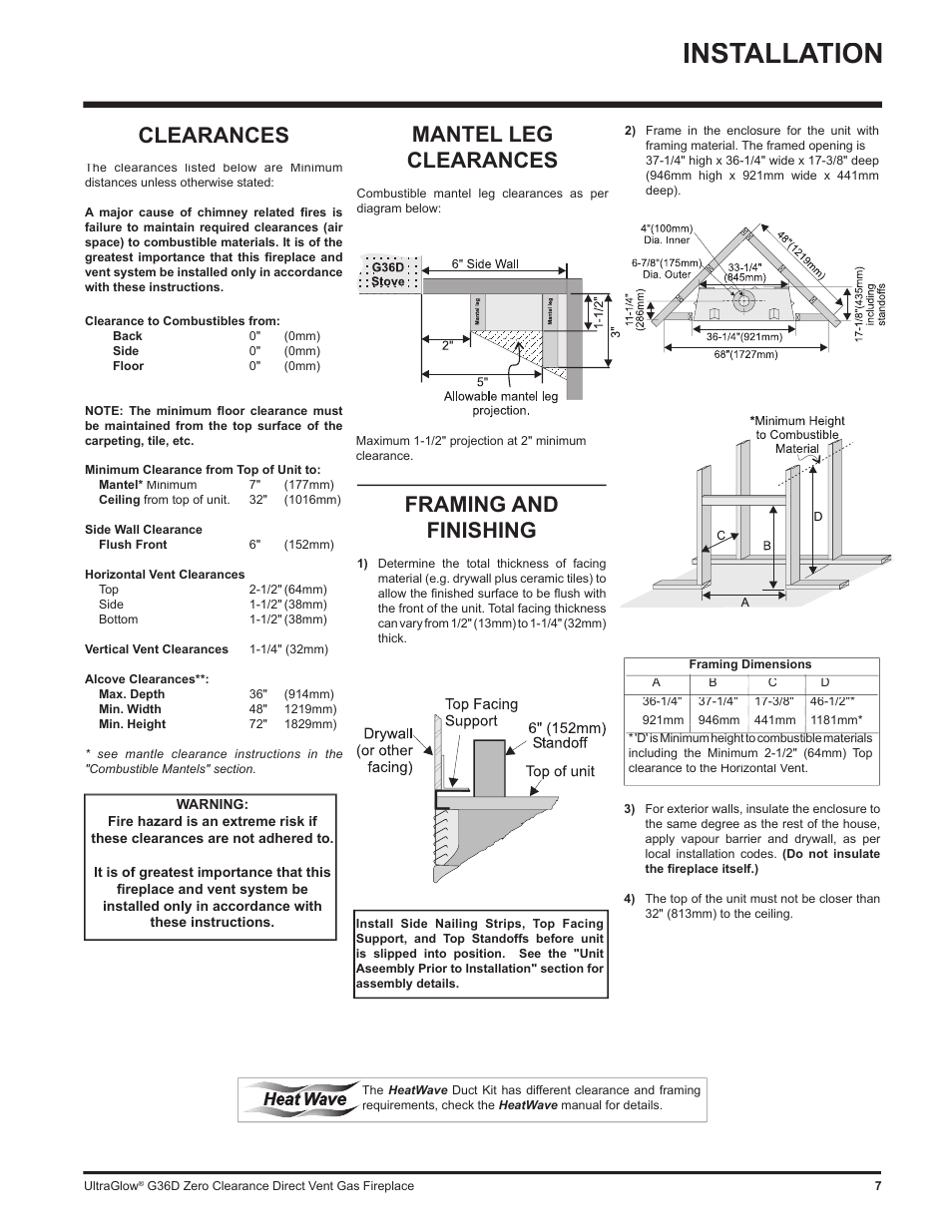 Installation, Mantel leg clearances, Framing and finishing | Clearances | Regency G36D User Manual | Page 7 / 44