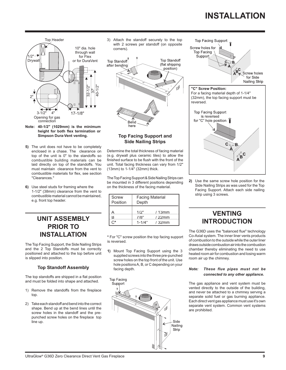 Installation, Unit assembly prior to installation, Venting introduction | Regency G36D User Manual | Page 9 / 44