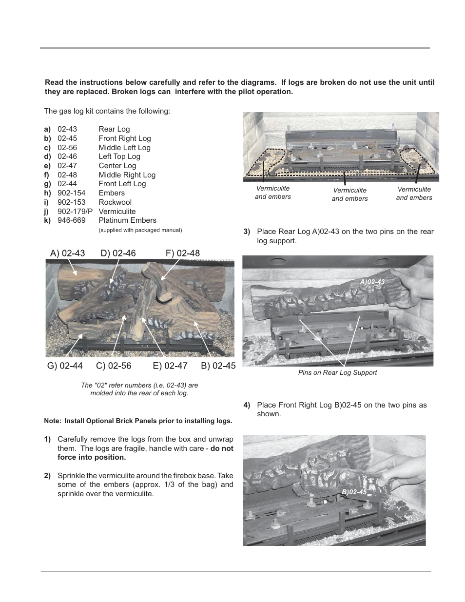 Installation, Log set installation | Regency IG34-LPG User Manual | Page 15 / 32