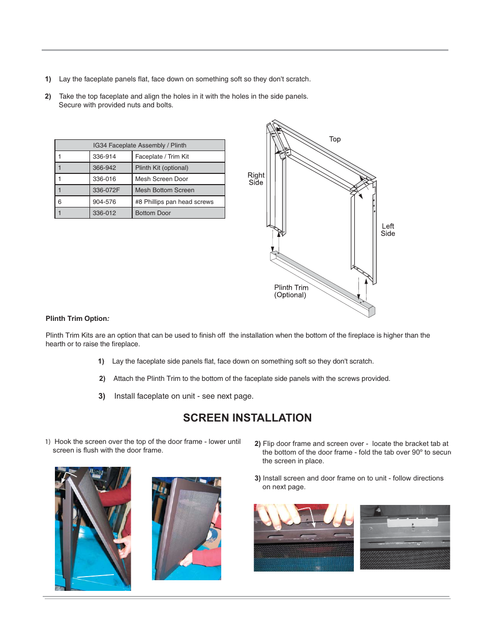 Installation, Screen installation, Faceplate & optional plinth trim assembly | Regency IG34-LPG User Manual | Page 19 / 32