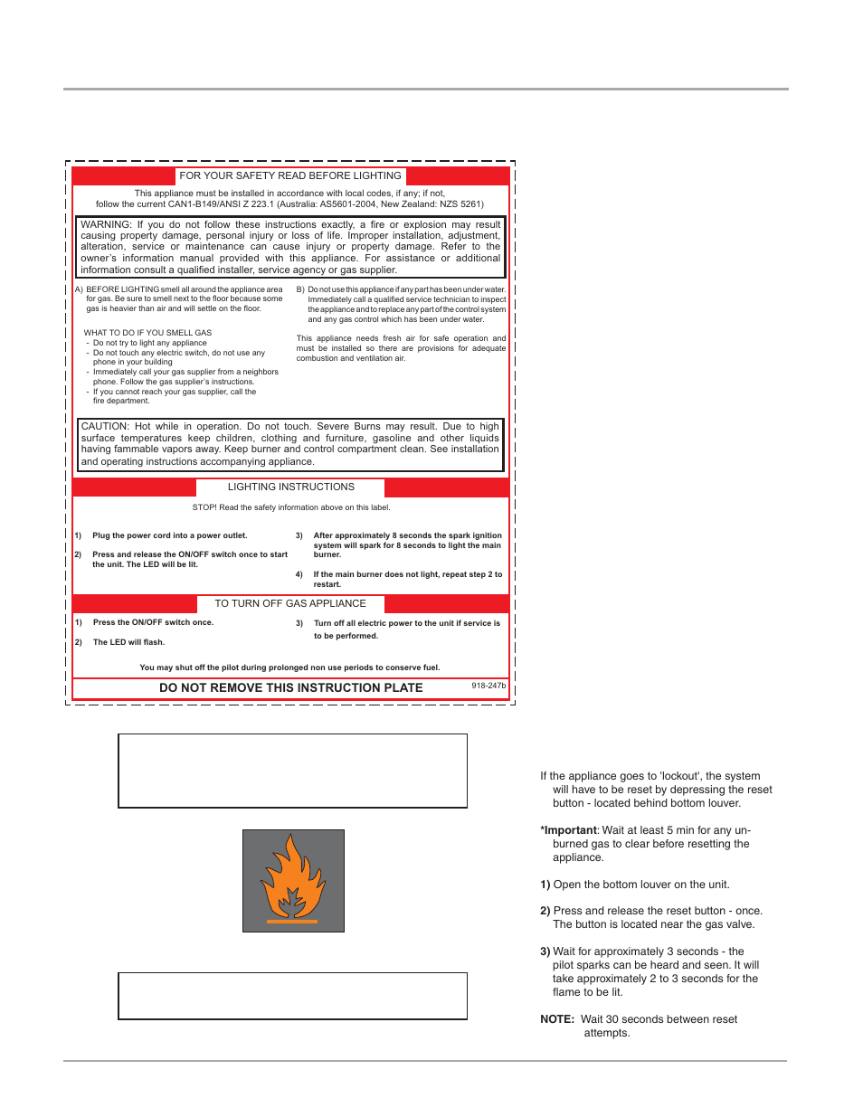 Operating instructions, Copy of lighting instruction plate, Normal operating sounds of gas appliances | Resetting the unit | Regency IG34-LPG User Manual | Page 24 / 32