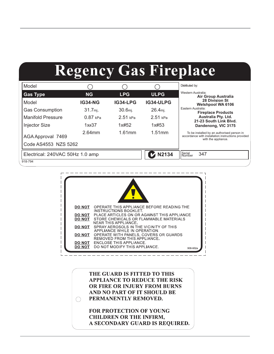 Regency gas fireplace, Data badge | Regency IG34-LPG User Manual | Page 4 / 32