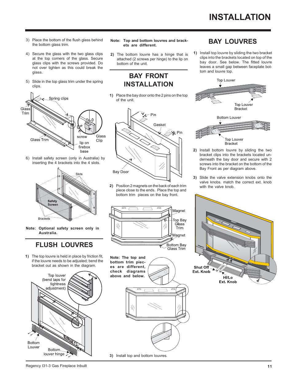 Installation, Bay front installation, Bay louvres | Flush louvres | Regency I31-NG3 User Manual | Page 11 / 28