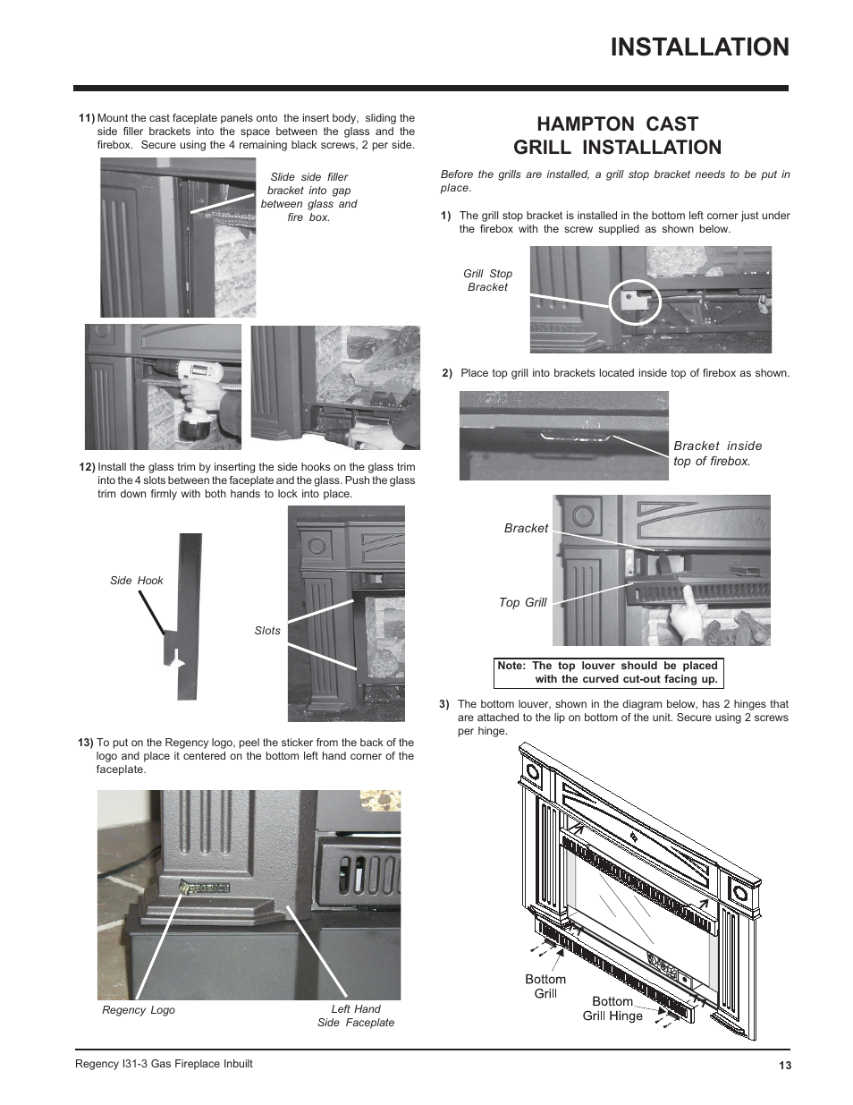 Installation, Hampton cast grill installation | Regency I31-NG3 User Manual | Page 13 / 28