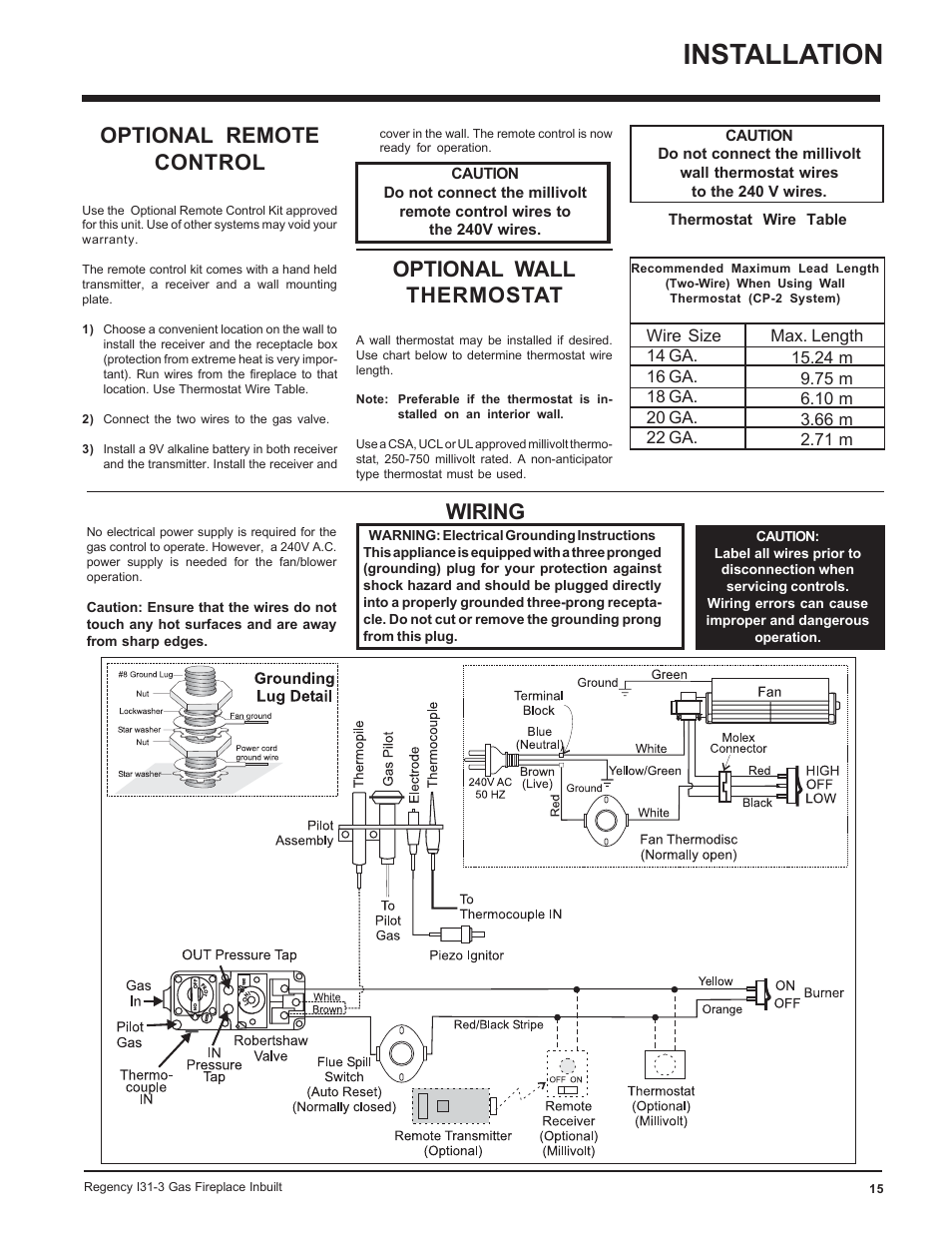 Installation, Optional remote control, Wiring | Optional wall thermostat | Regency I31-NG3 User Manual | Page 15 / 28