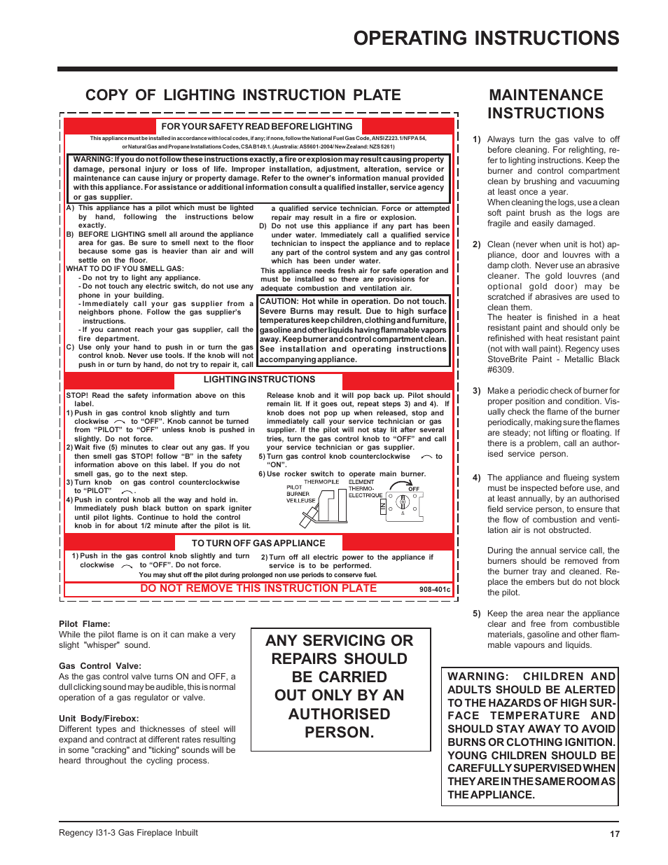 Operating instructions, Maintenance instructions, Copy of lighting instruction plate | Regency I31-NG3 User Manual | Page 17 / 28