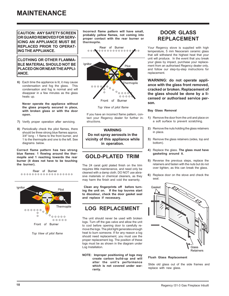 Maintenance, Gold-plated trim, Log replacement | Door glass replacement | Regency I31-NG3 User Manual | Page 18 / 28