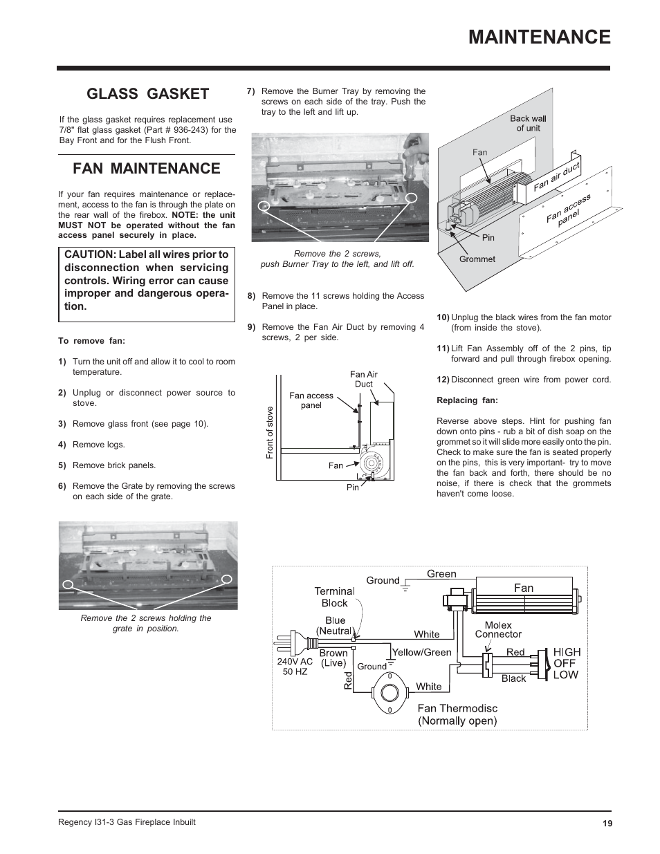 Maintenance, Fan maintenance, Glass gasket | Regency I31-NG3 User Manual | Page 19 / 28