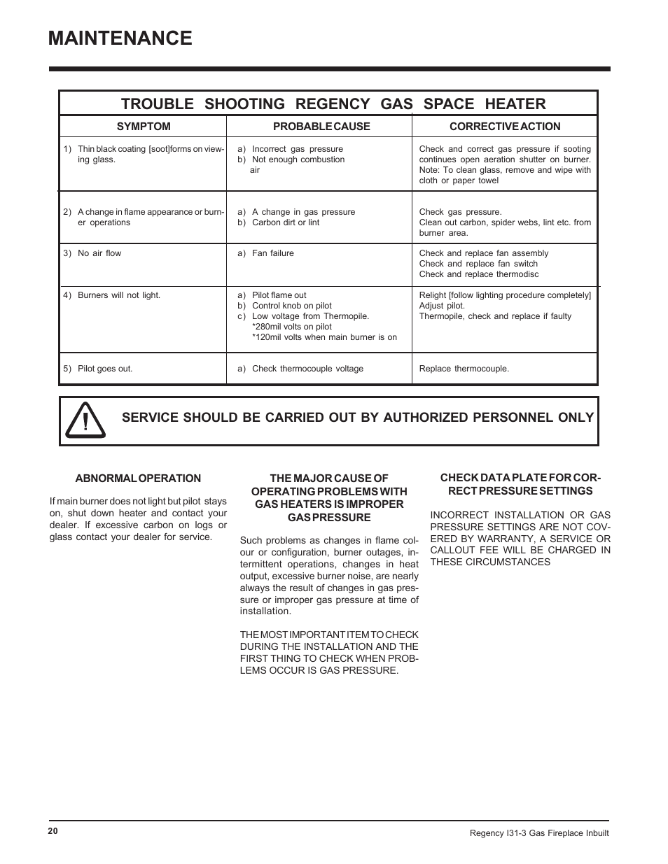 Maintenance, Trouble shooting regency gas space heater | Regency I31-NG3 User Manual | Page 20 / 28