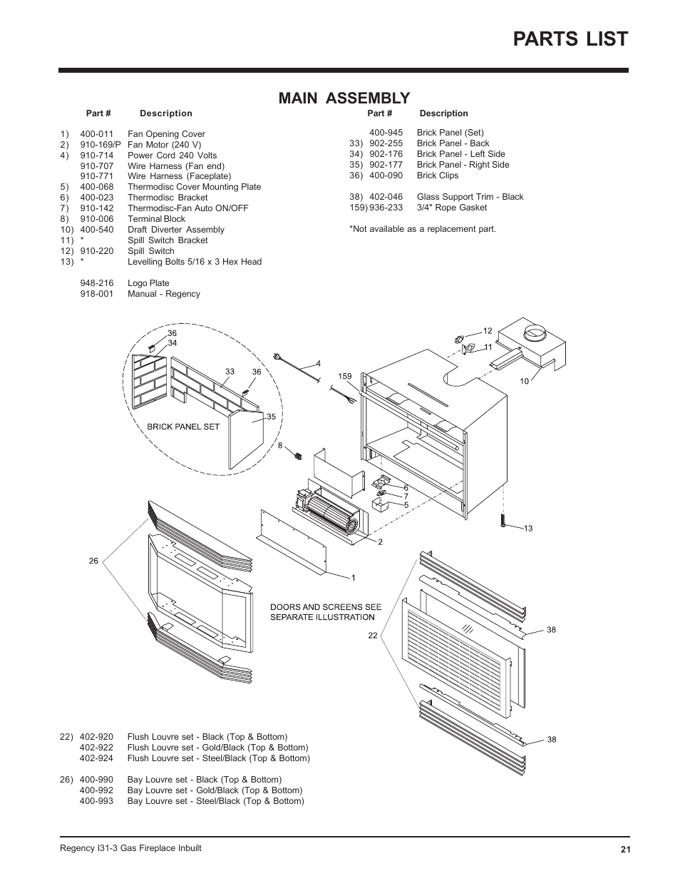 Parts list, Main assembly | Regency I31-NG3 User Manual | Page 21 / 28