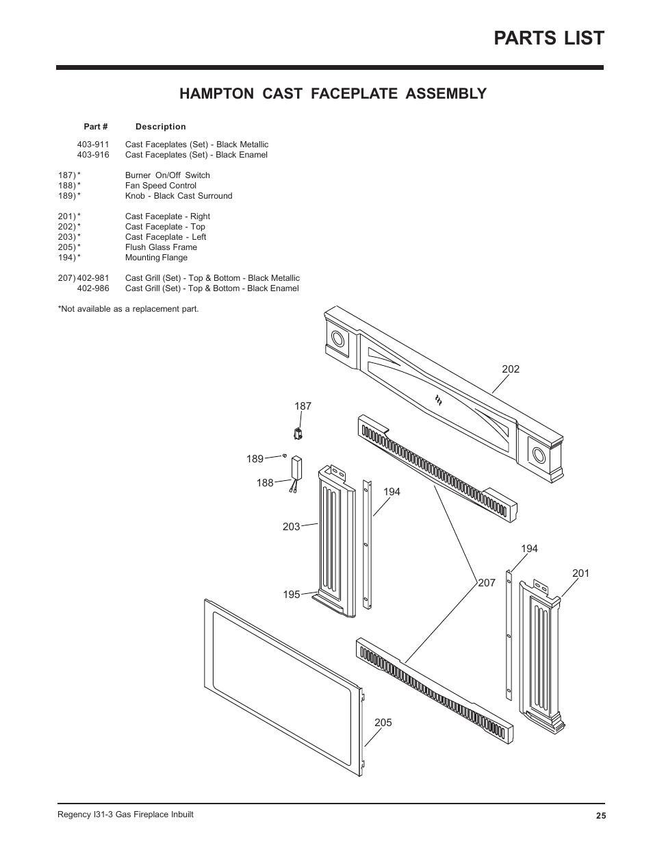 Parts list, Hampton cast faceplate assembly | Regency I31-NG3 User Manual | Page 25 / 28