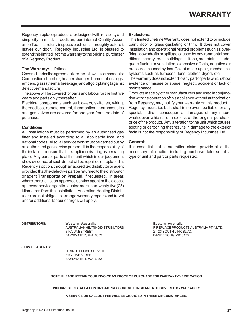 Warranty | Regency I31-NG3 User Manual | Page 27 / 28