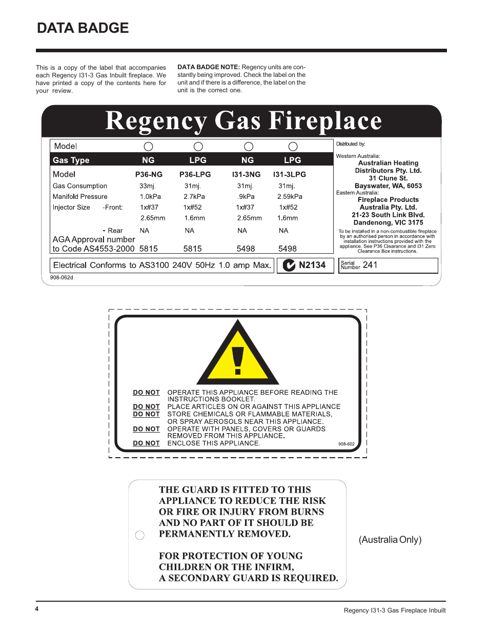 Data badge | Regency I31-NG3 User Manual | Page 4 / 28