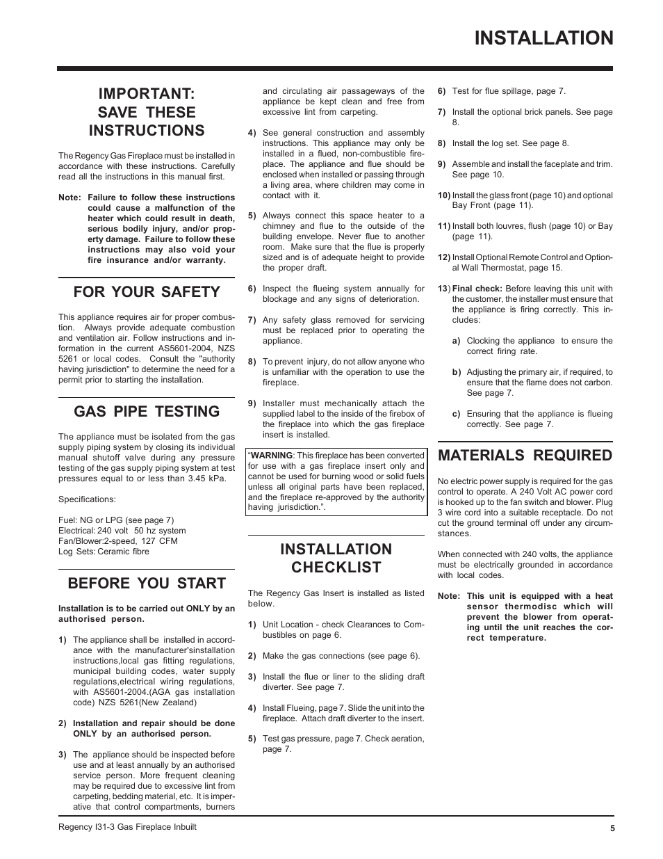 Installation, Important: save these instructions, For your safety | Gas pipe testing, Before you start, Installation checklist, Materials required | Regency I31-NG3 User Manual | Page 5 / 28