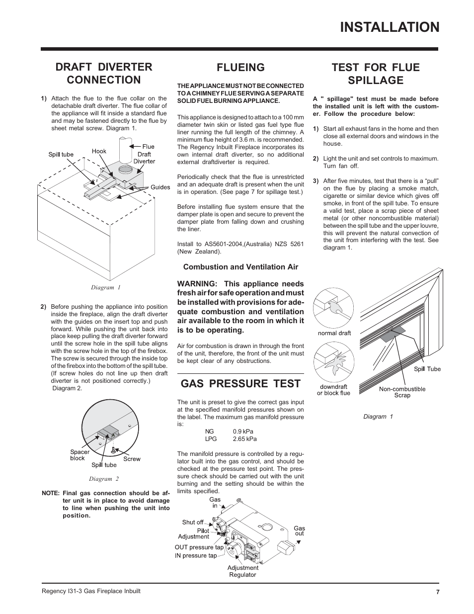 Installation, Test for flue spillage, Draft diverter connection | Flueing, Gas pressure test | Regency I31-NG3 User Manual | Page 7 / 28