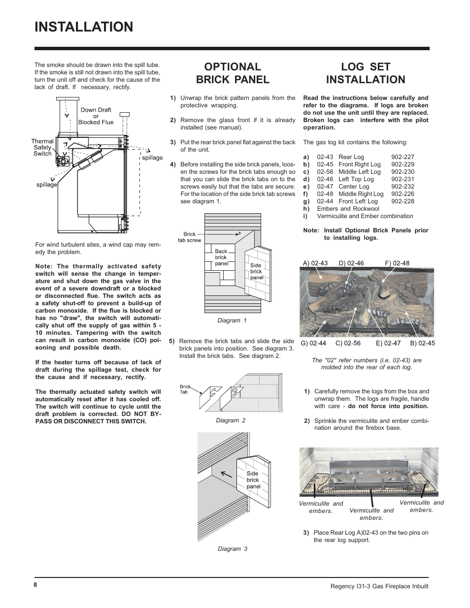 Installation, Log set installation, Optional brick panel | Regency I31-NG3 User Manual | Page 8 / 28
