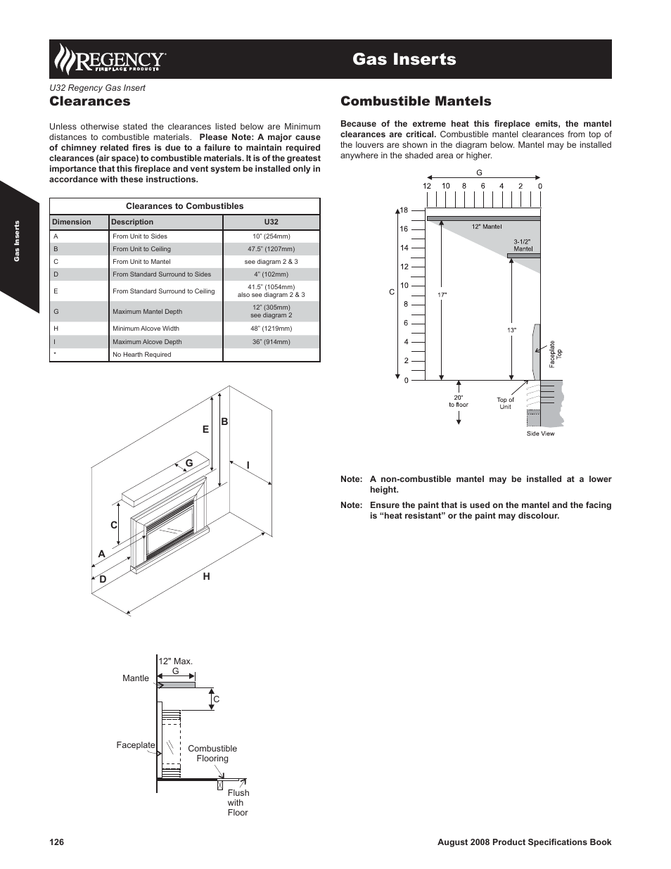 Gas inserts, Clearances, Combustible mantels | Regency U32-LP5 User Manual | Page 2 / 2