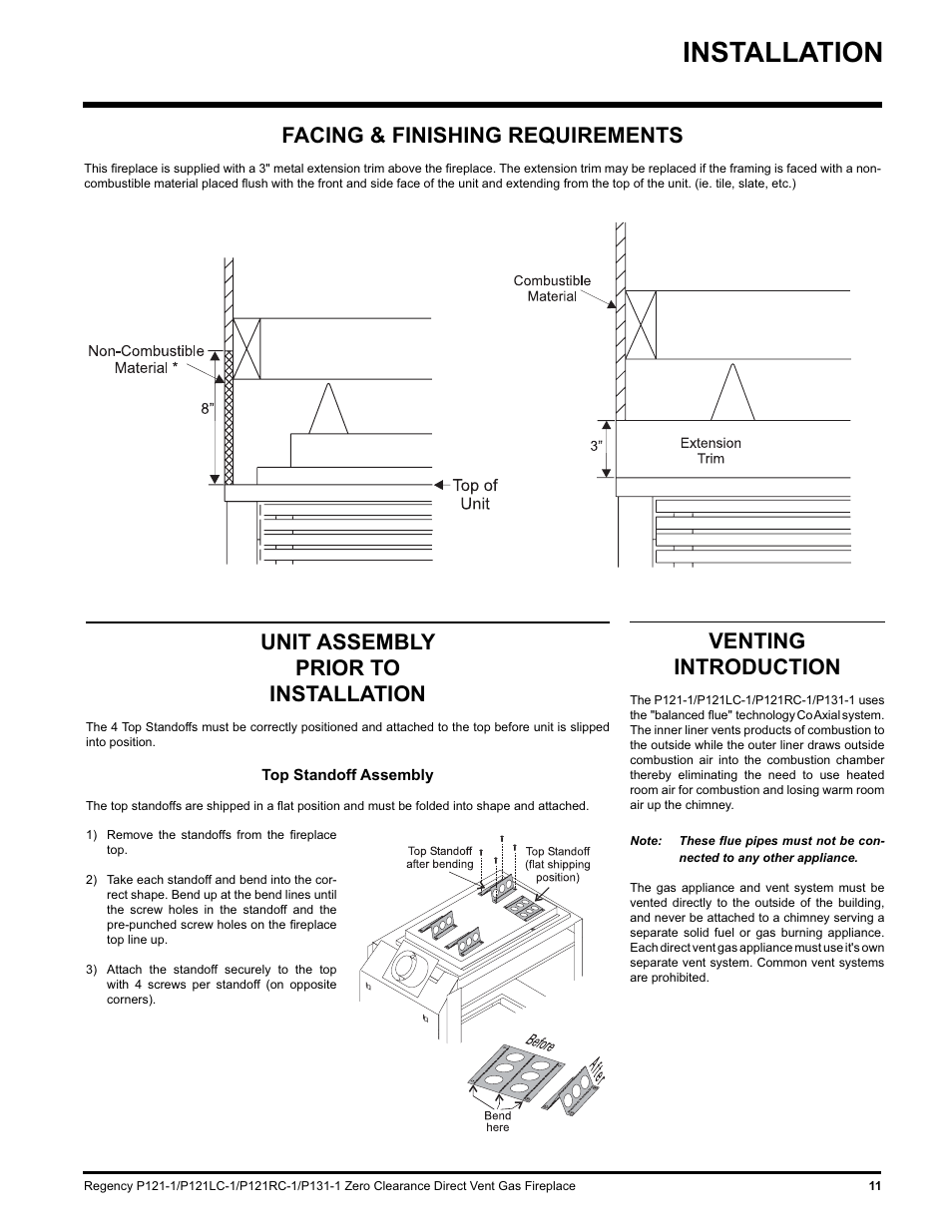 Installation, Venting introduction, Unit assembly prior to installation | Facing & finishing requirements | Regency P131 User Manual | Page 11 / 44