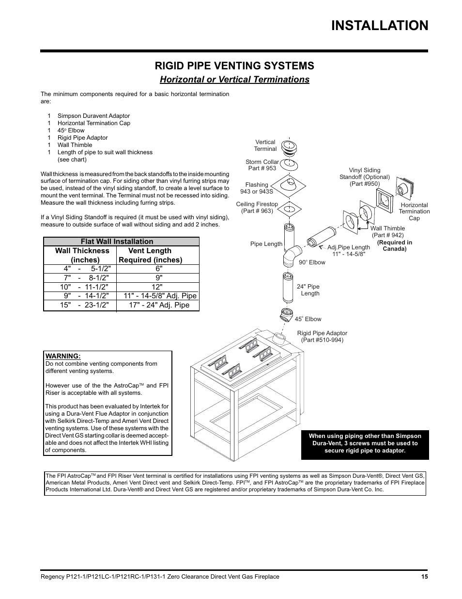 Installation, Rigid pipe venting systems, Horizontal or vertical terminations | Regency P131 User Manual | Page 15 / 44