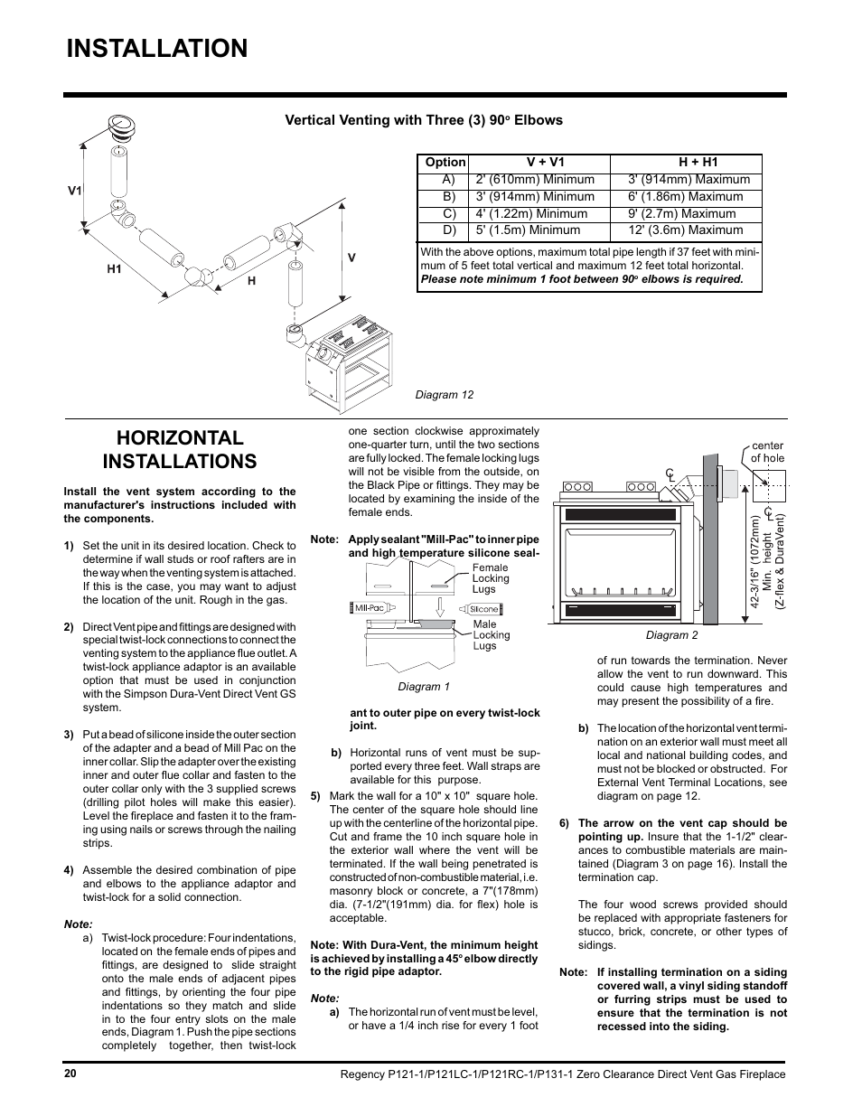 Installation, Horizontal installations | Regency P131 User Manual | Page 20 / 44