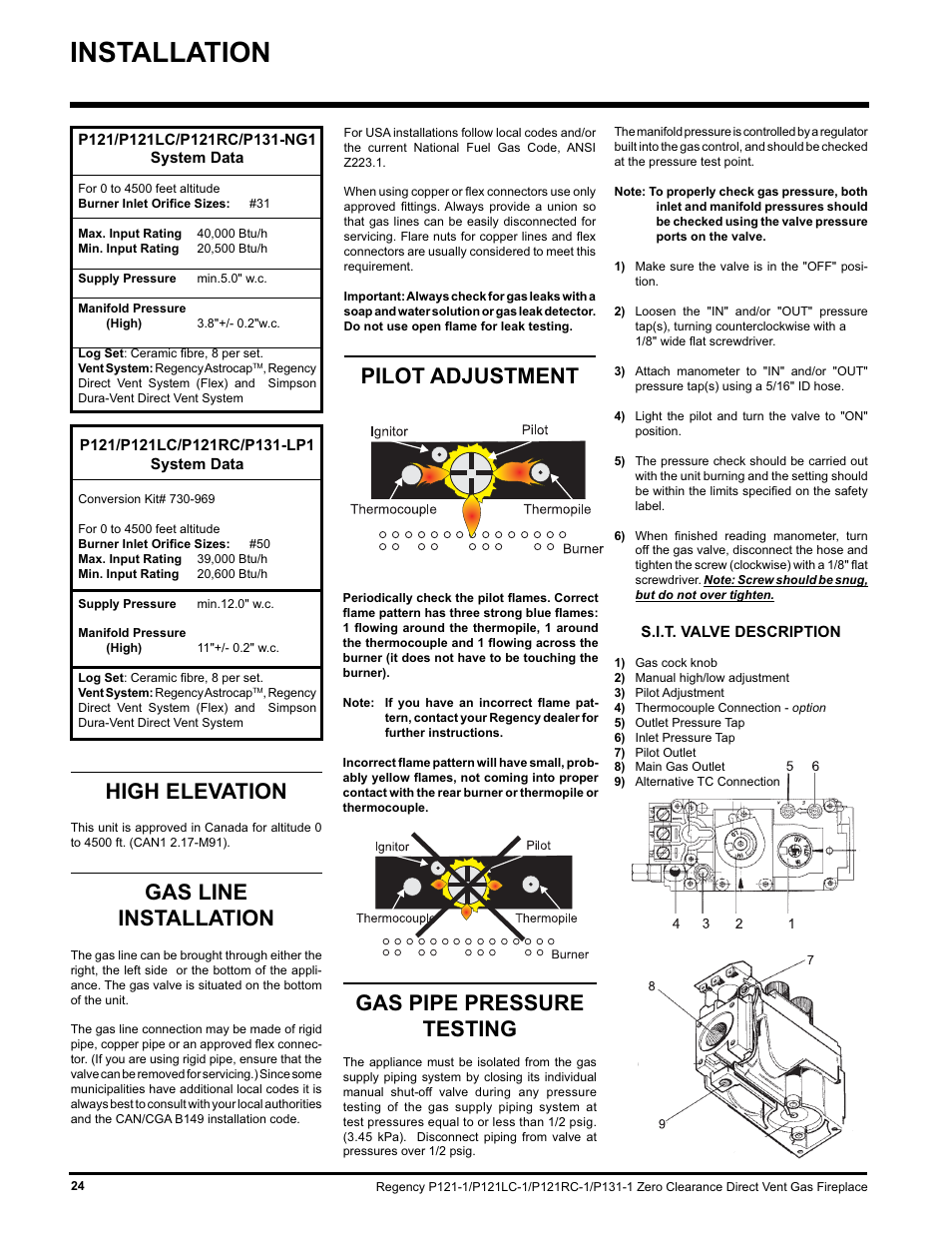 Installation, Gas pipe pressure testing, Pilot adjustment high elevation | Gas line installation | Regency P131 User Manual | Page 24 / 44