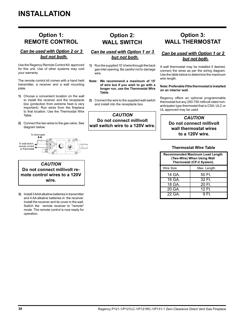 Installation, Option 1: remote control, Option 2: wall switch | Option 3: wall thermostat | Regency P131 User Manual | Page 28 / 44