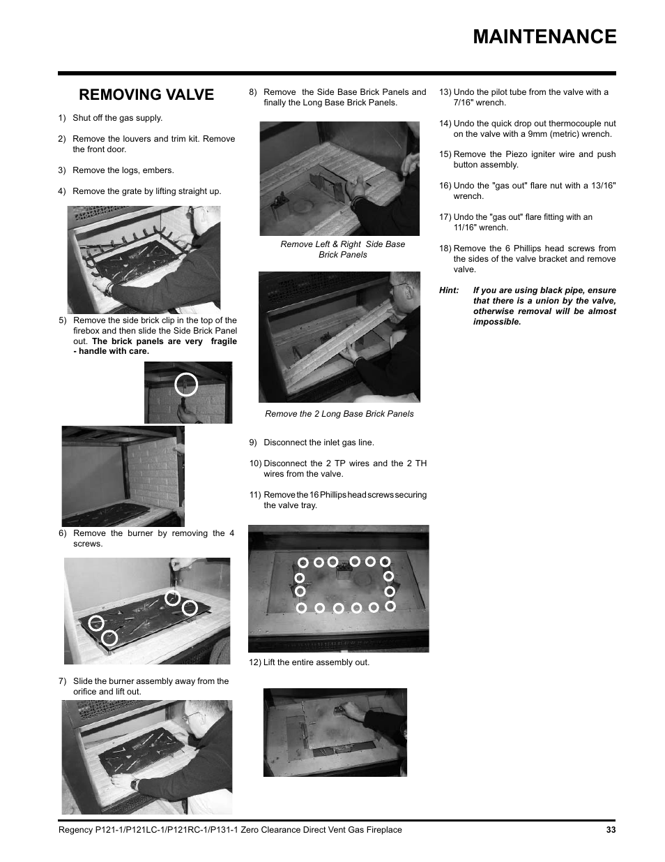 Maintenance, Removing valve | Regency P131 User Manual | Page 33 / 44