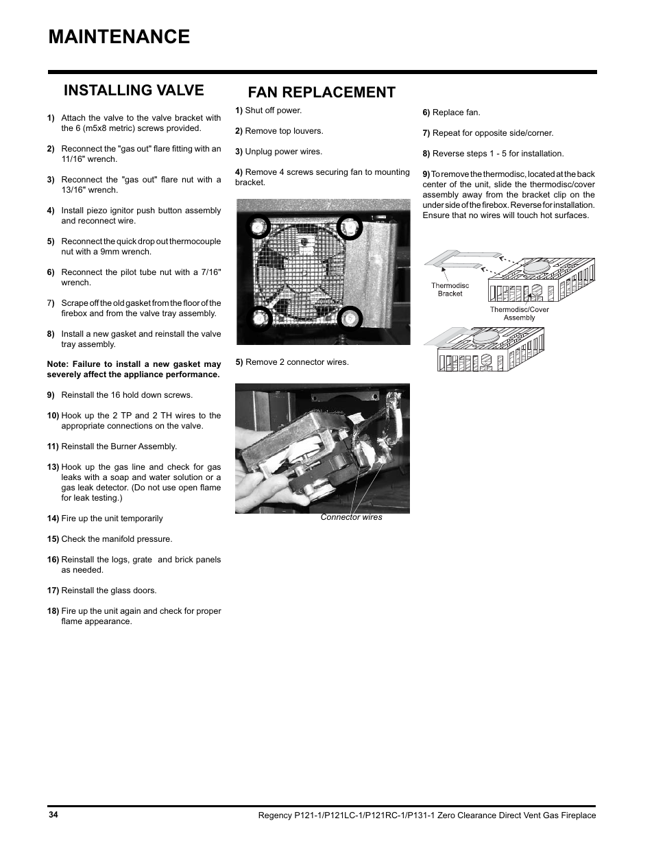 Maintenance, Fan replacement, Installing valve | Regency P131 User Manual | Page 34 / 44