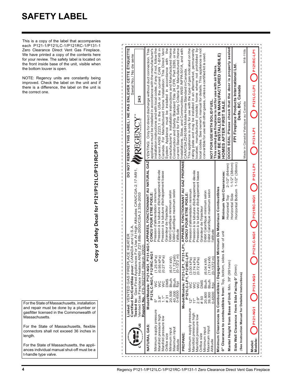 Safety label | Regency P131 User Manual | Page 4 / 44