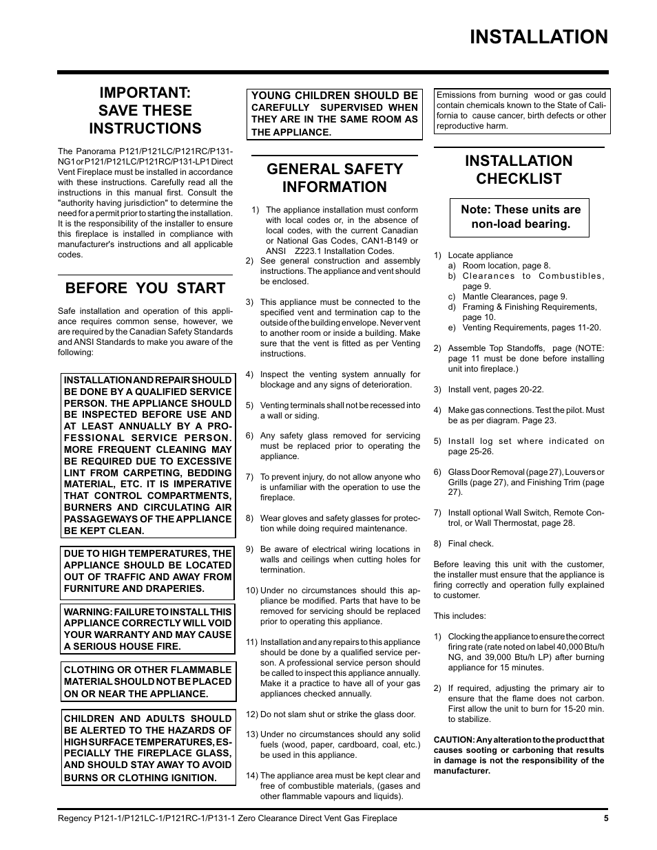 Installation, Installation checklist, Important: save these instructions | Before you start, General safety information | Regency P131 User Manual | Page 5 / 44