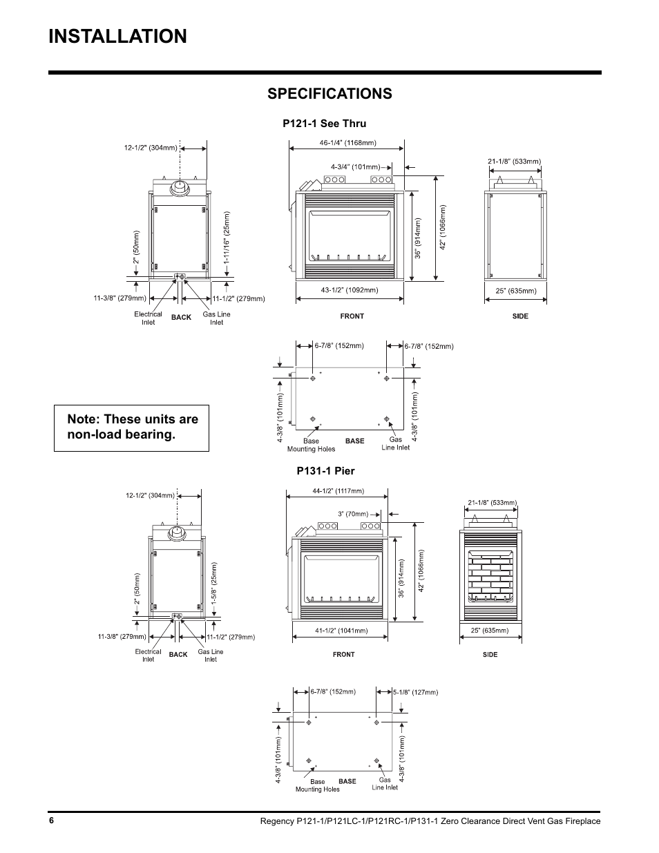Installation, Specifications | Regency P131 User Manual | Page 6 / 44